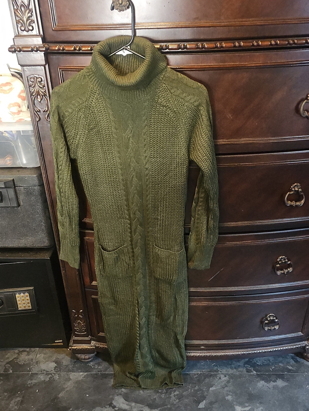 Green Cable Knit Turtleneck Sweater Dress